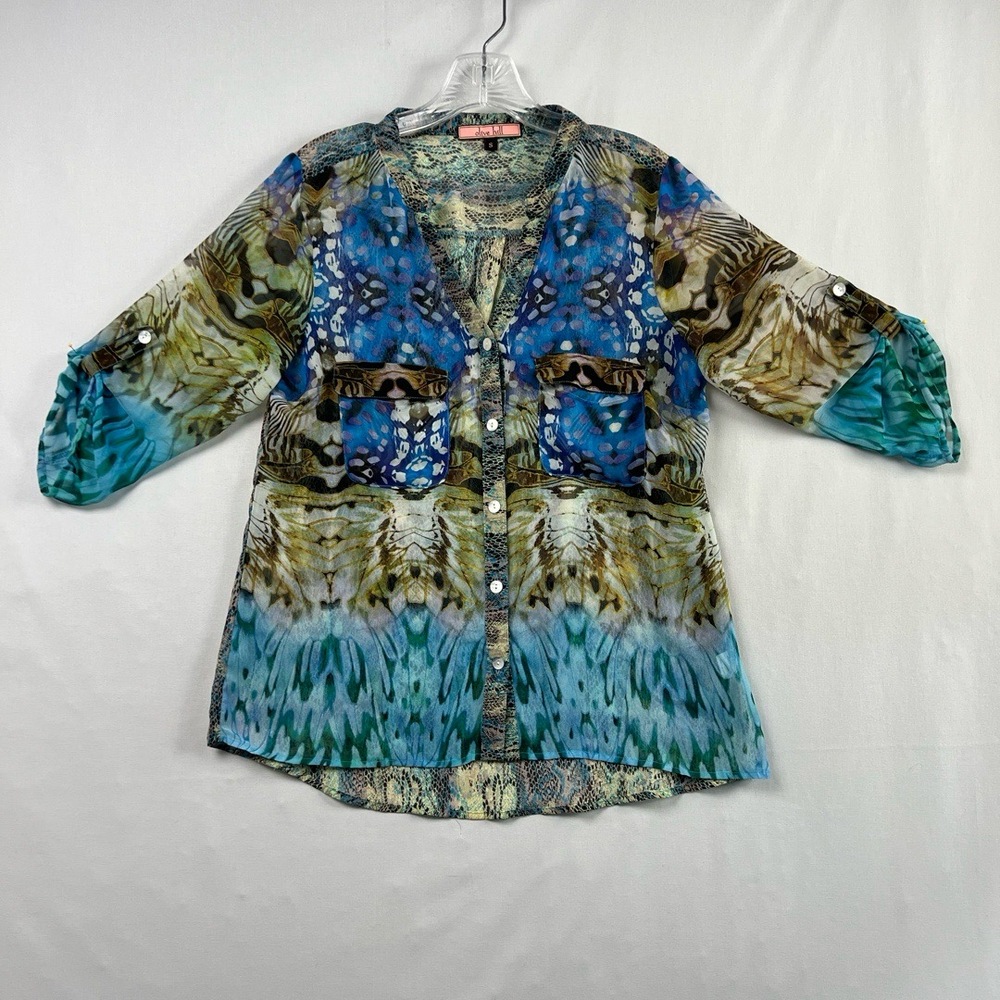 Olive Hill Tunic Blouse Womens Small Sheer Top Animal Print V Neck Roll Tab